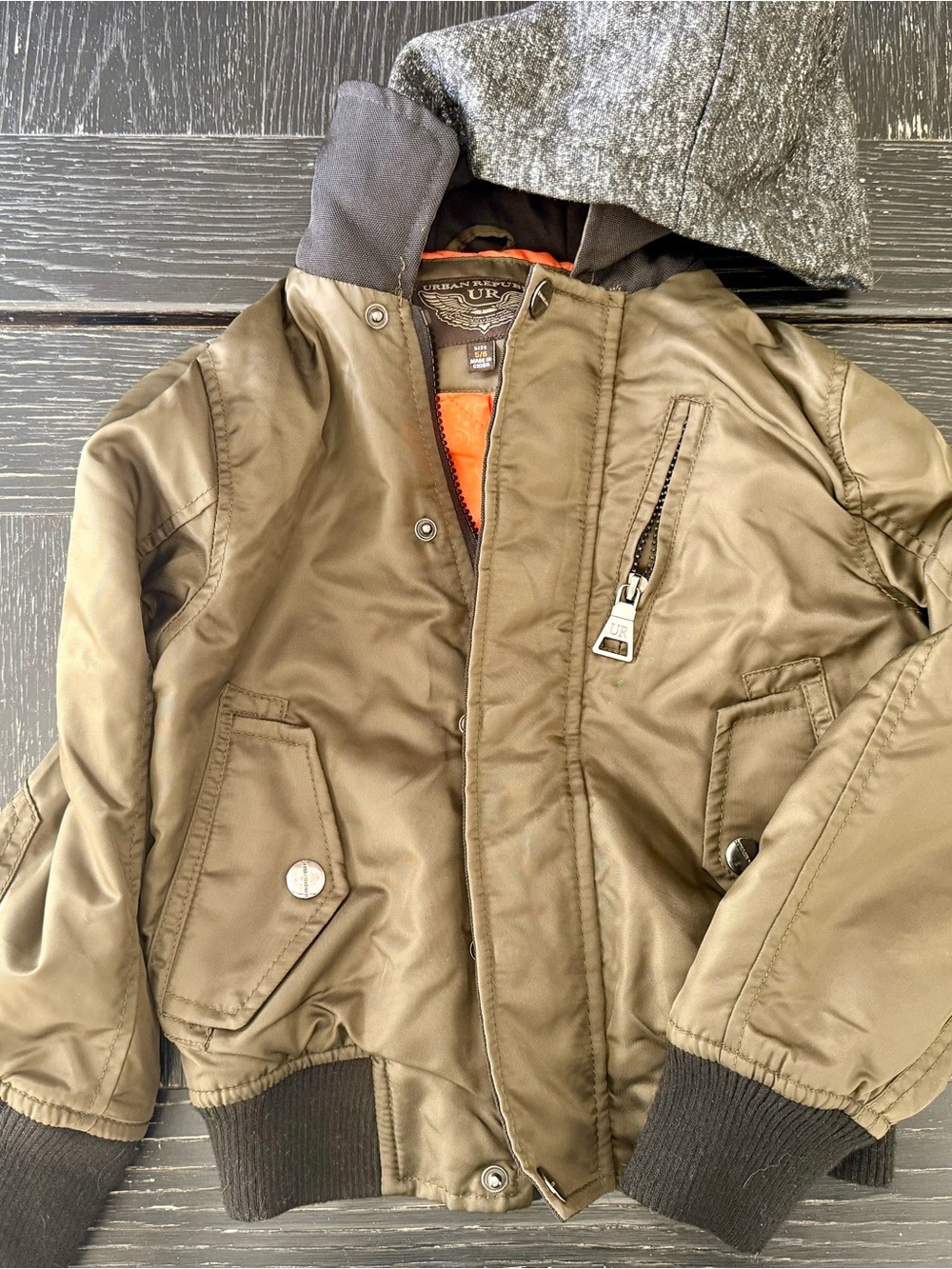 Urban Republic Kids Olive Green Jacket with Gray Hood, size 5/6